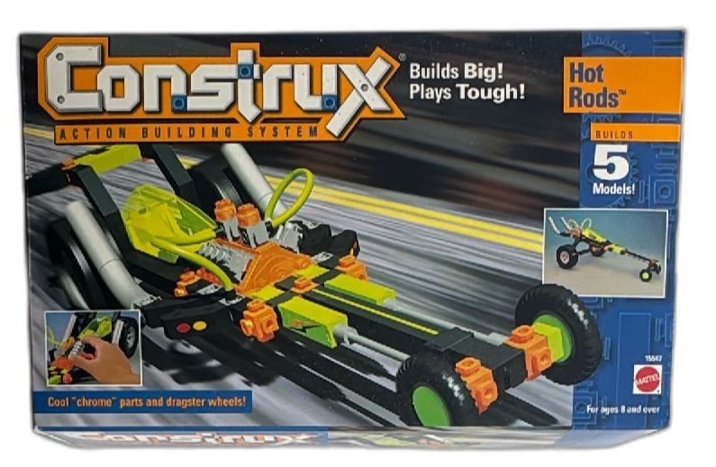 1996 Mattel Construx Hot Rods Action Building Set 98 Pieces New Sealed Box: Vintage 1996 Mattel Construx Hot Rods Action Building System, over 98 pieces, builds 5 models. Rare collectible set in original sealed box, featuring vibrant neon yellow, orange, black, and chrome par