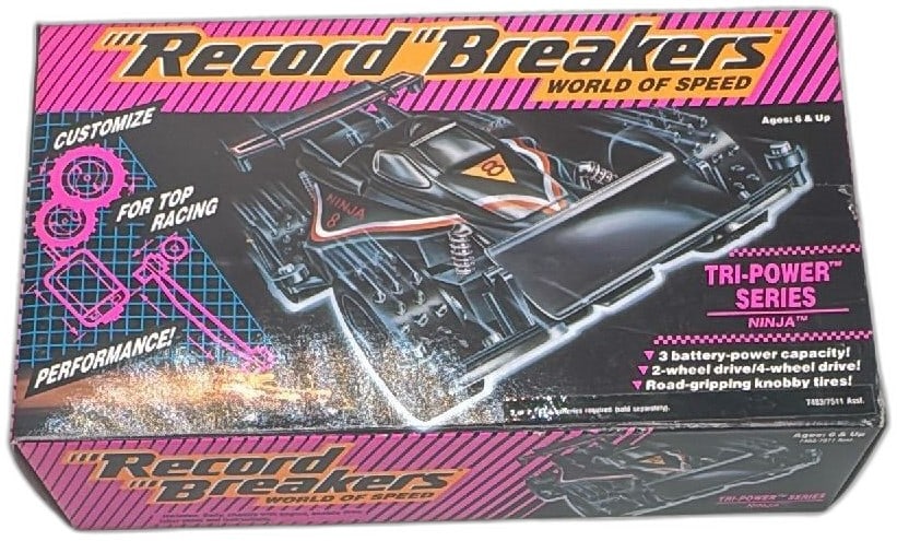 1989 Hasbro Record Breakers Tri Power Series Ninja 8 Car NIB Vintage Toy: 1989 Hasbro Record Breakers World of Speed Tri-Power Series Ninja 8 battery-operated racing car, new in box. Features customizable parts, 3 battery-power capacity, 2WD/4WD options, and road-gripping k