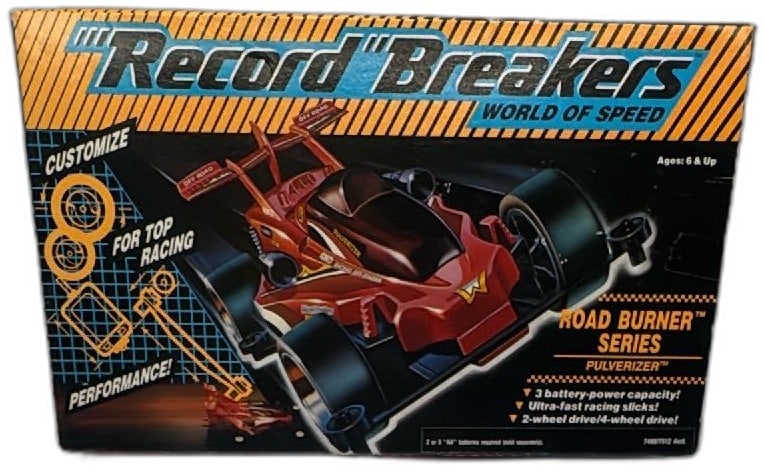 Hasbro Record Breakers Road Burner Pulverizer 1989 New Sealed RC Slot Car: Hasbro Record Breakers Road Burner Series Pulverizer 1989 vintage slot car toy, new and sealed in original box. Classic collectible racing car, battery powered with 2WD/4WD capability and customizable