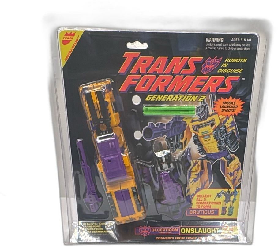 Transformers Generation 2 Decepticon Onslaught C5 Hasbro 1993 Sealed Figure: Transformers Generation 2 Decepticon Onslaught C5 action figure by Hasbro 1993, sealed in original packaging. Features yellow, purple, and black color scheme, includes vehicle, robot head, fists, stan