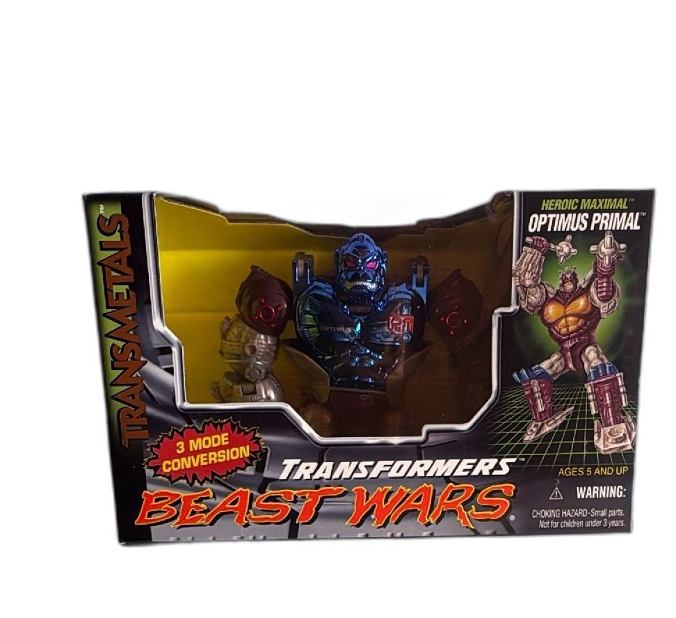 Transformers Beast Wars Transmetals Optimus Primal Kenner 1997 Sealed Box: Transformers Beast Wars Transmetals Optimus Primal action figure by Kenner, 1997, factory sealed in original box. Features Optimus Primal Maximal with 3 mode conversion and metallic finish, classic fr