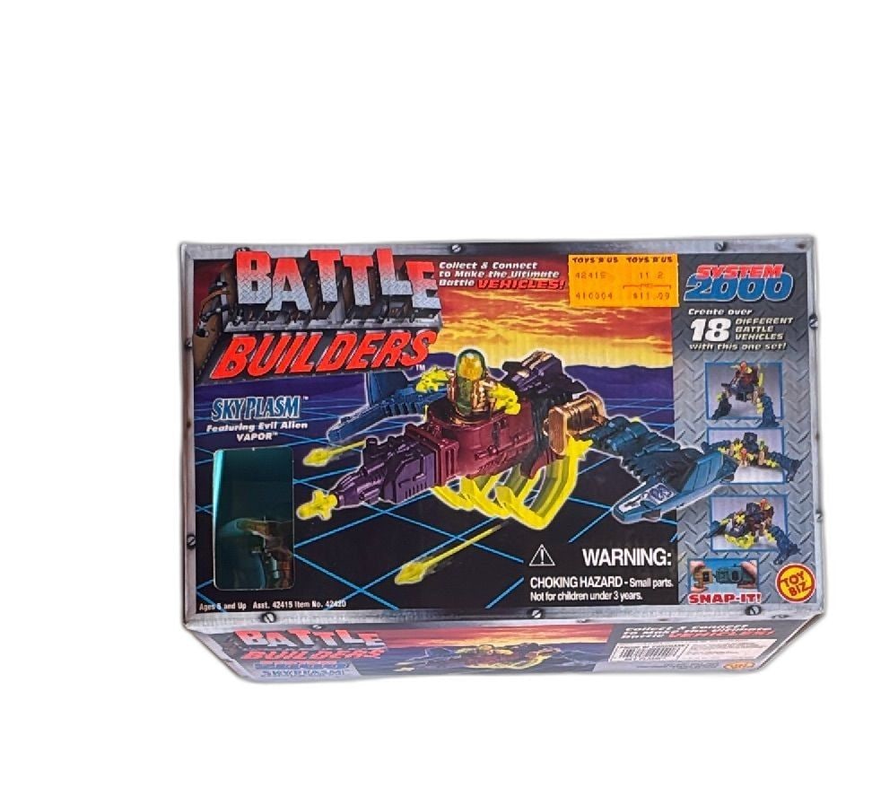 Toy Biz Battle Builders Sky Plasm System 2000 New Sealed 1996 Vintage Toy Set: Toy Biz Battle Builders Sky Plasm System 2000 vintage toy set, sealed, from 1996. Features the evil alien Vapor figure, transforming vehicle parts, and capability to create over 18 battle vehicles. Co