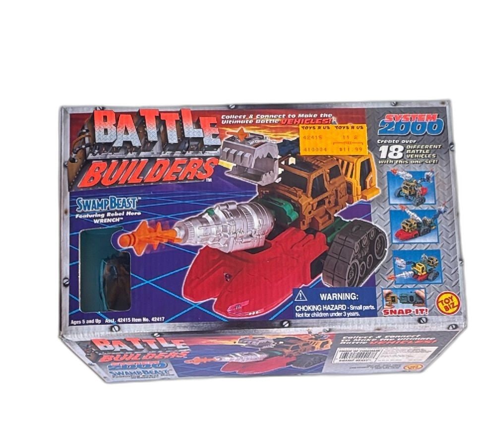 Toy Biz Battle Builders System 2000 Swamp Beast Vehicle Set 1996 New Sealed: Vintage Toy Biz Battle Builders System 2000 Swamp Beast featuring Rebel Hero Wrench, released in 1996. Set includes modular snap-together vehicle pieces, figure, and accessories, allowing users to cre