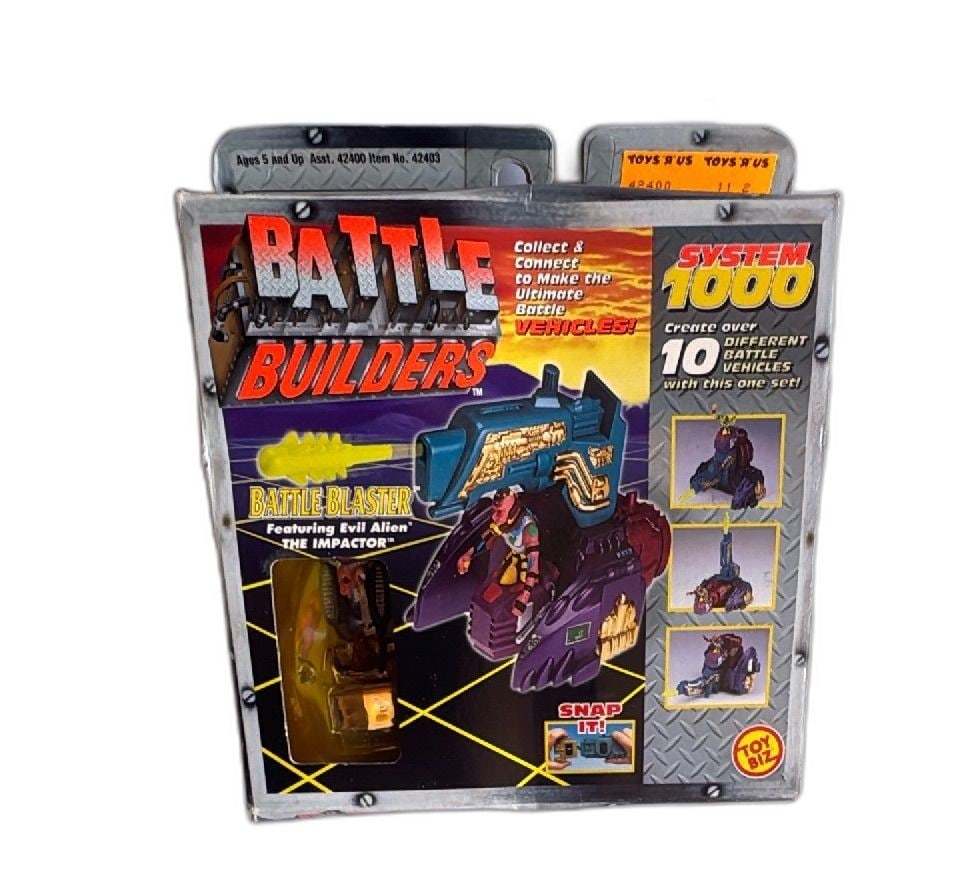1996 Toy Biz Battle Builders System 1000 Battle Blaster Evil Alien The Impactor: 1996 Toy Biz Battle Builders System 1000 Battle Blaster featuring Evil Alien The Impactor, vintage action figure playset. Snap-together parts allow kids to create over 10 unique battle vehicles by mix