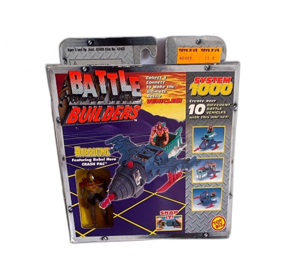 Toy Biz Battle Builders System 1000 Hurricane Rebel Hero Crash Pac 1996 MOC: Vintage Toy Biz Battle Builders System 1000 Hurricane set from 1996, featuring Rebel Hero Crash Pac. Includes modular snap-together vehicle parts and action figure, allowing you to create over 10 uniq