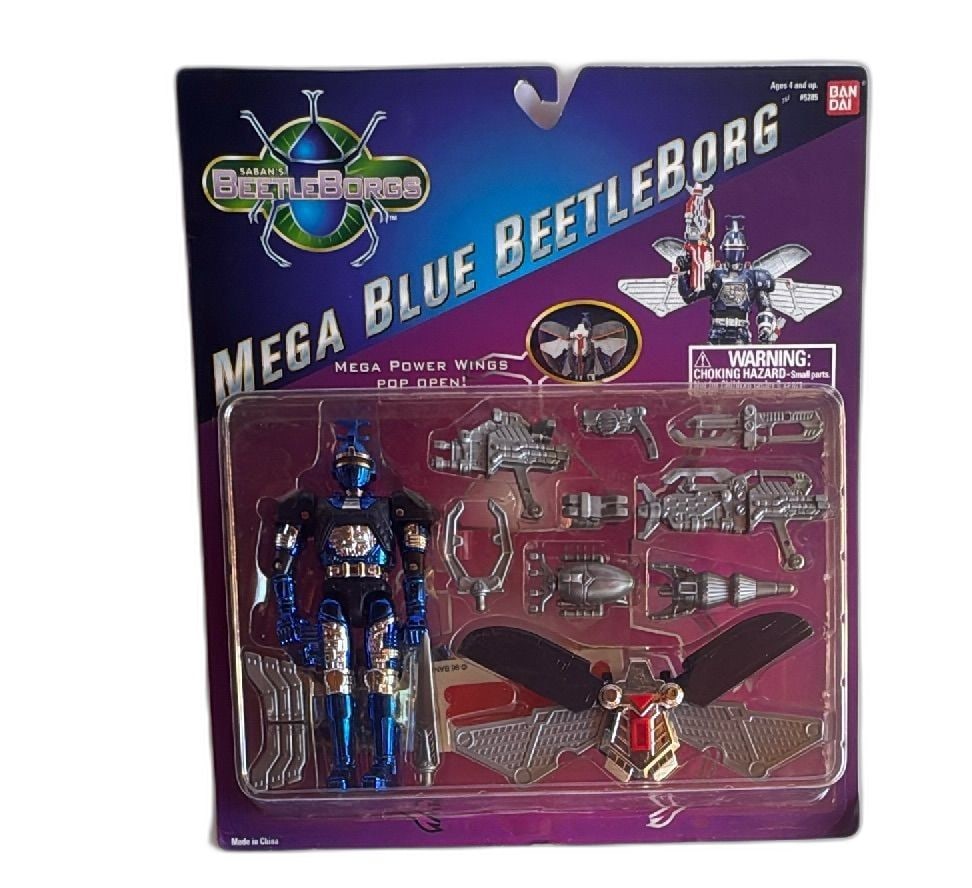 Bandai 1996 BeetleBorgs Mega Blue BeetleBorg Action Figure Sealed MOC Vintage: Bandai 1996 Saban BeetleBorgs Mega Blue BeetleBorg action figure, new and sealed on original card, complete with accessories and Mega Power Wings pop-open feature. Vibrant blue metallic armor with chr