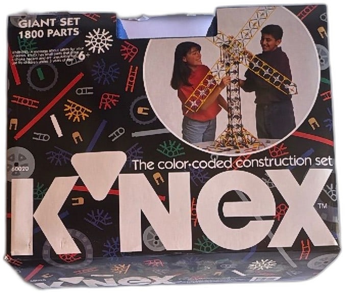K'NEX Giant Set 60020 1800 Parts Color Coded Construction Toy 1993 USA: Vintage K'NEX Giant Set 60020 with 1800 parts, released in 1993, made in the USA. Features color-coded plastic connectors and rods for building 51 models, including vehicles and cranes. Box has visibl