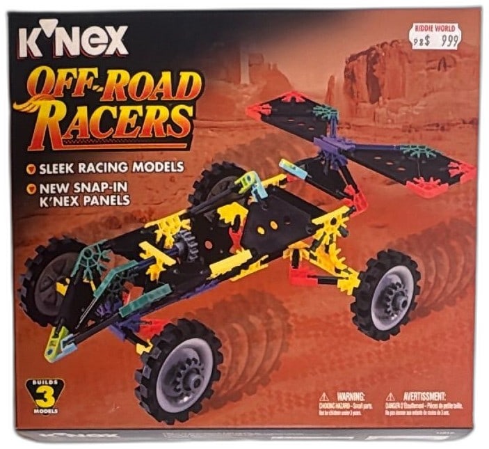 K'NEX Off Road Racers 1998 Set 11016 Complete Vintage Building Kit Sealed: K'NEX Off Road Racers 1998 set, model 11016, vintage construction toy in original box. Includes parts to build 3 unique racing vehicle models: road racer, street car, and off road racer, using snap-in