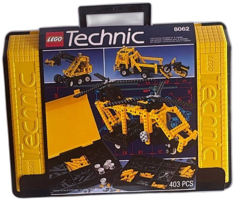 LEGO Technic 8062 Universal Set 1994 Vintage Yellow Carrying Case 403 Pcs: LEGO Technic 8062 Universal Set with 403 pieces from 1994, iconic yellow carrying case. Includes instructions for 6 models. Classic gears, beams, and wheels for advanced builds. Made in Switzerland. C