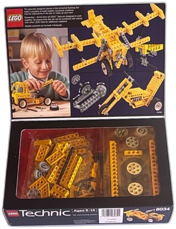LEGO Technic Universal Set 8034 Sealed 188 Pieces Vintage 1989 Yellow Box: Vintage LEGO Technic Universal Set 8034 from 1989, factory sealed with 188 interlocking pieces, mainly yellow Technic parts. Original box in great condition, includes clear window showing unused piece