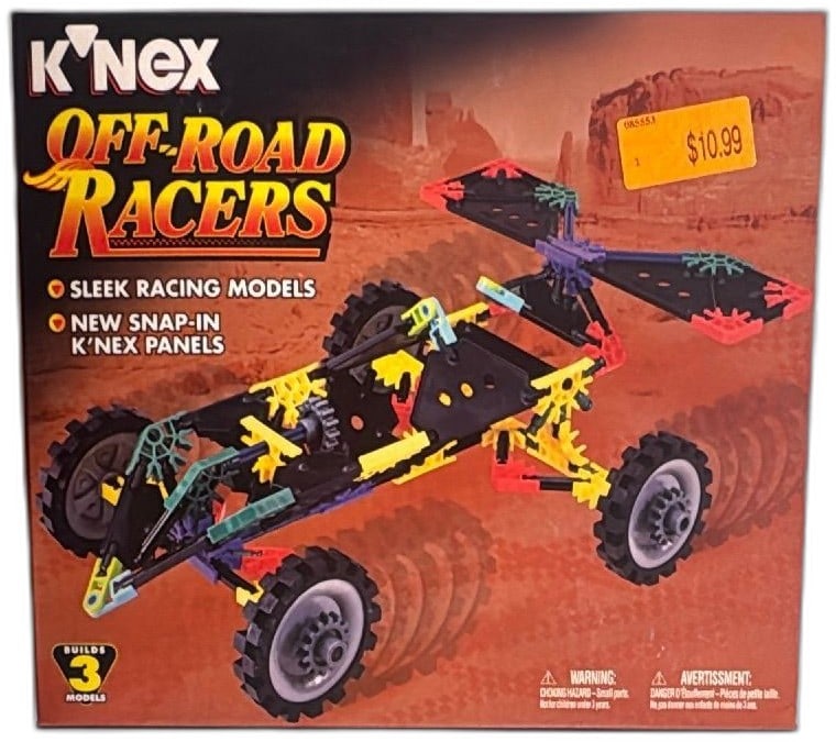 K'NEX Off-Road Racers 11019 Building Set 1998 Vintage New Sealed Box: K'NEX Off-Road Racers 11019 building set from 1998, vintage and sealed. Features snap-in panels and builds three models: road racer, street car, off-road racer. Classic educational toy with colorful r