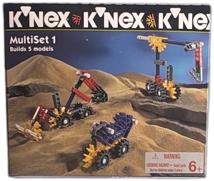 K'NEX MultiSet 1 Construction Co 72 Pieces 1995 Vintage Building Toy: Vintage K'NEX MultiSet 1 Construction Co 72 piece building toy from 1995, model 10501. Set builds 5 models, includes original packaging, parts, and instructions. Bright connector rods in yellow, red,