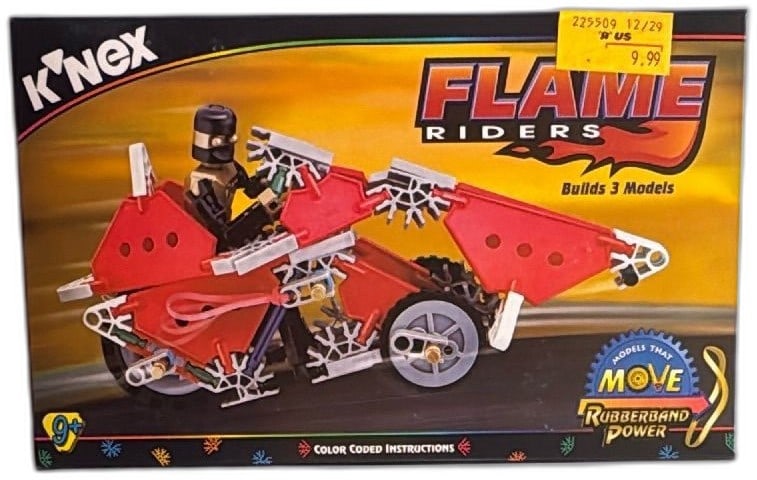 K'NEX Flame Riders 132 Piece Building Set 1998 Rubberband Power 11032: K'NEX Flame Riders 132 piece construction set from 1998, model 11032. Features parts to build three models: main Flame Rider bike, Megacycle, and Super Bike. Rubberband powered movement adds interacti