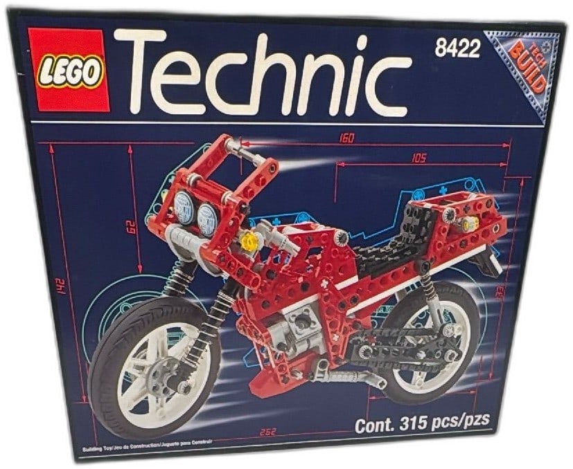 LEGO Technic 8422 Circuit Shock Racer Motorcycle 1995 Sealed Box 315 Pieces: LEGO Technic 8422 Circuit Shock Racer Motorcycle, released in 1995, features 315 pieces for advanced building. Set is factory sealed with original box, inner trays, and tamper seals intact, ideal for
