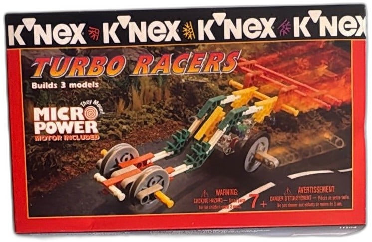 K'NEX Turbo Racers 11104 1995 Vintage 3 Model Building Set Micropower Motor: K'NEX Turbo Racers set 11104 from 1995, vintage build set with Micropower motor. Construct 3 models—Speedracer, 3 Wheeler, or dragster—with 51 colorful K'NEX pieces. Boxed, appears gently used or