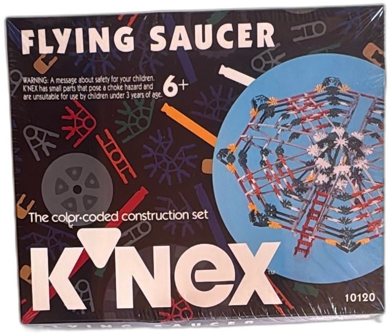 K'NEX Flying Saucer Construction Set 10120 1993 Sealed Vintage 515 Pieces: Vintage K'NEX Flying Saucer Construction Set 10120, manufactured in 1993, includes 515 color-coded parts and instructions for a retractable ladder model. Factory sealed, recommended for ages 6+. Box a