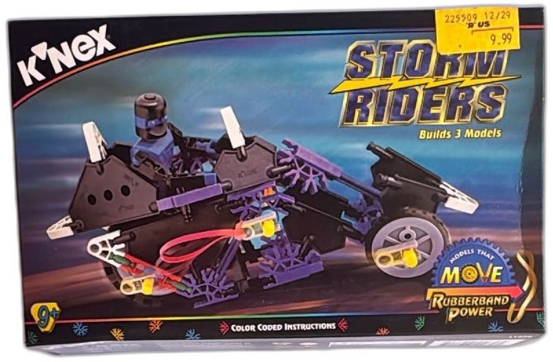 K'NEX Storm Riders 11030 Vintage 1998 Rubberband Power Building Set Sealed: K'NEX Storm Riders 11030 building set, vintage 1998, new in sealed box. Features 132 pieces for ages 9+, builds 3 unique models: Megabike, Super Cycle, and Storm Rider. Includes rubberband-powered mov