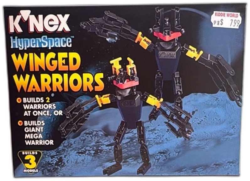 K'NEX HyperSpace Winged Warriors 10814 1998 Buildable Robot Set 76 Pieces: K'NEX HyperSpace Winged Warriors set 10814 features 76 pieces to build 3 models: two warriors at once or one giant mega warrior. Released in 1998, this vintage set offers creative mechanical play for