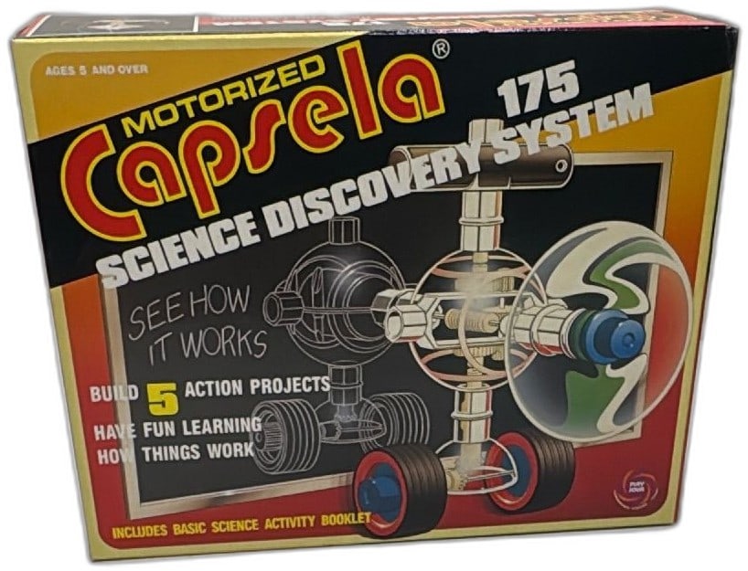 Capsela 175 Motorized Science Discovery System Vintage STEM Toy 1990: Capsela 175 Motorized Science Discovery System STEM building toy, released in 1990 by Mitsubishi Pencil Co. Ltd. Includes 23 interlocking parts and activity booklet, allows construction of 5 different
