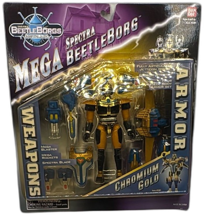 BeetleBorgs Metallix Mega Spectra BeetleBorg Chromium Gold 1997 Bandai MOC: BeetleBorgs Metallix Mega Spectra BeetleBorg Chromium Gold figure by Bandai, 1997. Features articulated action figure, detailed gold/blue/black armor, accessory weapons: Mega Blaster, Mega Rockets, Sp