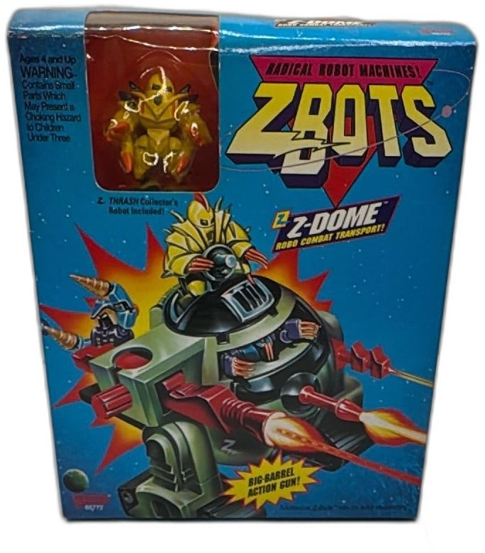 ZBots ZDome Robo Combat Transport 1993 Galoob Thrash Robot New Sealed: Vintage ZBots Z-Dome Robo Combat Transport by Galoob, 1993, still factory sealed with Thrash collector's robot included. Features big-barrel action gun, rolling wheels, battle stickers. Rare 90s toy,