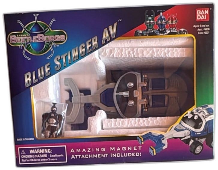 1996 Bandai Beetleborgs Blue Stinger AV Vehicle New Sealed Saban Magnet Toy: Vintage Bandai Beetleborgs Blue Stinger AV vehicle from 1996, new and sealed in original box. Features amazing magnet attachment, Blue Stinger Beetleborg figure, and flexible suspension. Ideal collect