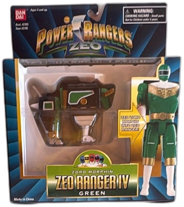 Bandai Power Rangers Zeo Zord Morphin Zeo Ranger IV Green 1996 MIB: Power Rangers Zeo Zord Morphin Zeo Ranger IV Green action figure, Bandai 1996, MIB. Vintage collectible toy transforms from Zeo Zord to Zeo Ranger. Features original packaging, clear bubble, vibrant c
