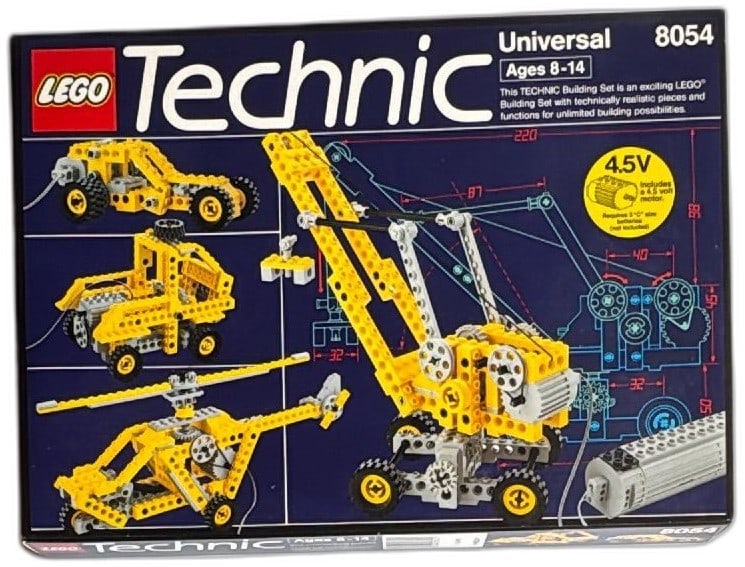LEGO Technic 8054 Universal Set 1989 Vintage 204 Pieces With 4.5V Motor: LEGO Technic 8054 Universal Set, vintage 1989, 204 pieces, rare collector’s item. Features 4.5V battery motor, yellow and gray gears, beams, and wheels, offering multiple build options: crane, vehic