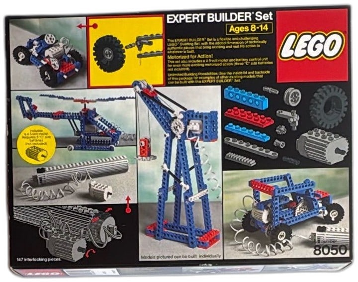 LEGO 8050 Expert Builder Set 1984 Technic Motorized Vintage Complete Box: LEGO 8050 Expert Builder Set from 1984, vintage motorized Technic kit featuring 147 interlocking pieces. Includes blue, red, and gray beams, gears, wheels, and a 4.5V motor (batteries not included), a