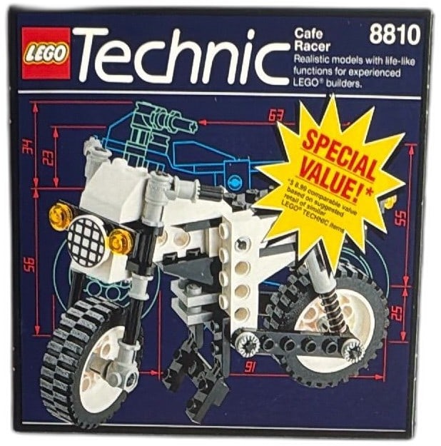 LEGO Technic 8810 Cafe Racer 1993 Vintage Sealed Box 77 Pieces Motorcycle: LEGO Technic 8810 Cafe Racer motorcycle building set, vintage 1993, new sealed box. Includes 77 interlocking pieces to build a realistic cafe racer or alternate trike model. Classic black and white bo