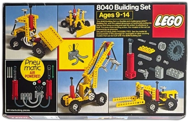 LEGO 8040 Technic Building Set Pneumatic Air Powered 1985 Complete Boxed: Vintage LEGO 8040 Technic Building Set, Pneumatic Air Powered, from 1985 with original box and inner tray. Set includes 161 interlocking pieces, gears, and pneumatic components. Designed for ages 9-14