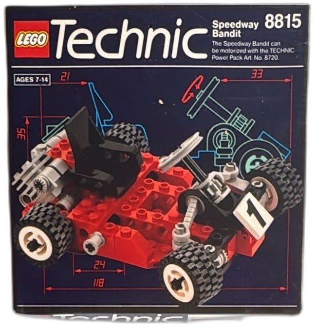 LEGO Technic Speedway Bandit 8815 Sealed 1991 Vintage Box 77 Pieces: LEGO Technic Speedway Bandit 8815, vintage 1991 set, sealed in original box. Includes 77 interlocking pieces to build two vehicle models with detailed Technic parts. Designed for ages 7-14, box shows