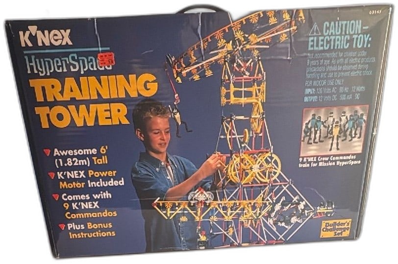 K'NEX HyperSpace Training Tower 1997 Builder Challenge Set Unopened Complete: K'NEX HyperSpace Training Tower Builder Challenge Set, 1997, new open box. Features 6-foot tall tower, includes K'NEX Power Motor, 9 Crew Commando figures, bonus instructions. Parts are sealed in orig