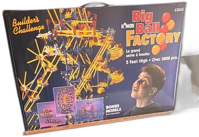 K'NEX Big Ball Factory Set 63045 1995 Sealed New 3000 Pieces Builders Challeng: K'NEX Big Ball Factory Set 63045 from 1995, sealed new in box, over 3000 pieces, 5 feet high, iconic STEM building toy. Features bonus models and vibrant packaging with minimal storage wear visible at