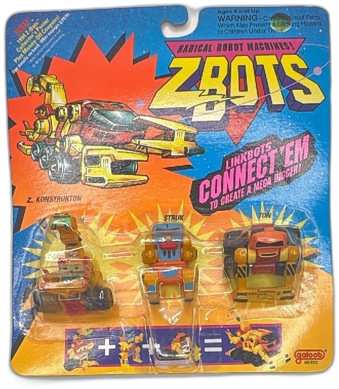 Z-Bots Z-Konstrukton Linkbots 3 Pack Struk Kon Ton Galoob 1993 Sealed Vintage: Z-Bots Z-Konstrukton Linkbots 3 Pack by Galoob from 1993, featuring Struk, Kon, and Ton in original sealed packaging. Classic 1990s radical robot machines toys, these collectible figures connect to fo