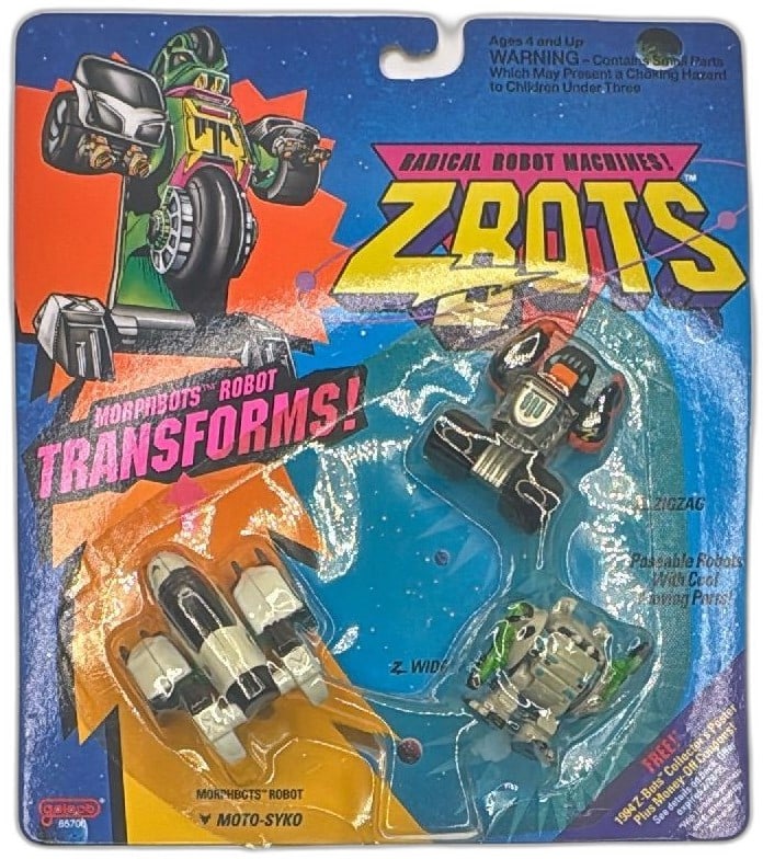 1993 Galoob ZBots Morphbots Robot 3Pack MotoSyko ZWidgy ZZigzag Mint Sealed: 1993 Galoob ZBots Morphbots Robots 3Pack MotoSyko ZWidgy ZZigzag new in original sealed packaging. Vintage radical robot machines feature classic 90s design, poseable limbs, and transforming action. I