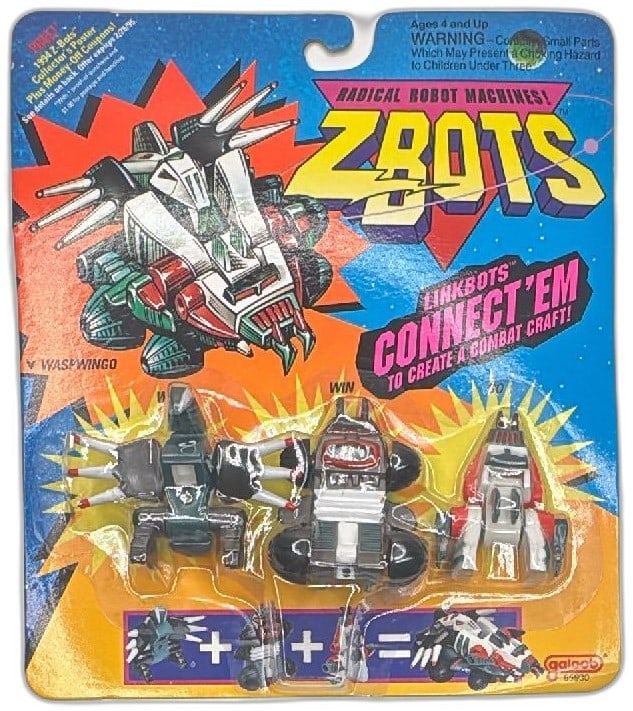 ZBots Waspwingo LinkBots 1993 Galoob Radical Robot Machines Sealed Vintage: ZBots Waspwingo LinkBots 1993 Galoob – vintage Radical Robot Machines toy set. Features three connector robots: WASP, WIN, and GO which combine into a Waspwingo combat craft. Original sealed blister