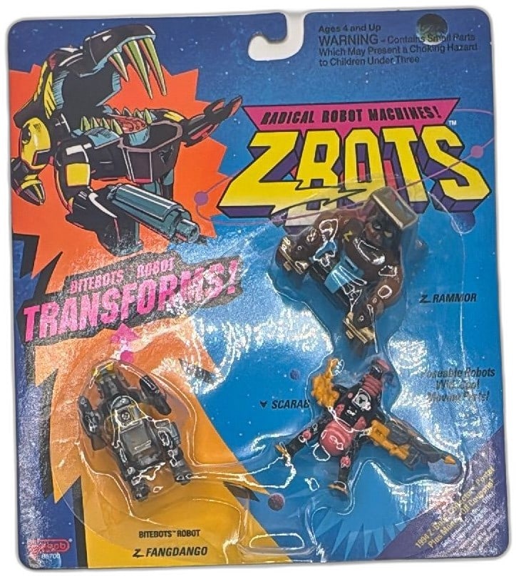 1993 Galoob ZBots Bitebots Robot 3 Pack Fangdango Ramnor Scarab Sealed New: Vintage 1993 Galoob ZBots Bitebots Robot 3 Pack featuring Z Fangdango, Z Ramnor, and Scarab. Collectible ZBots action figures are sealed on their original card with colorful radical robot machines art