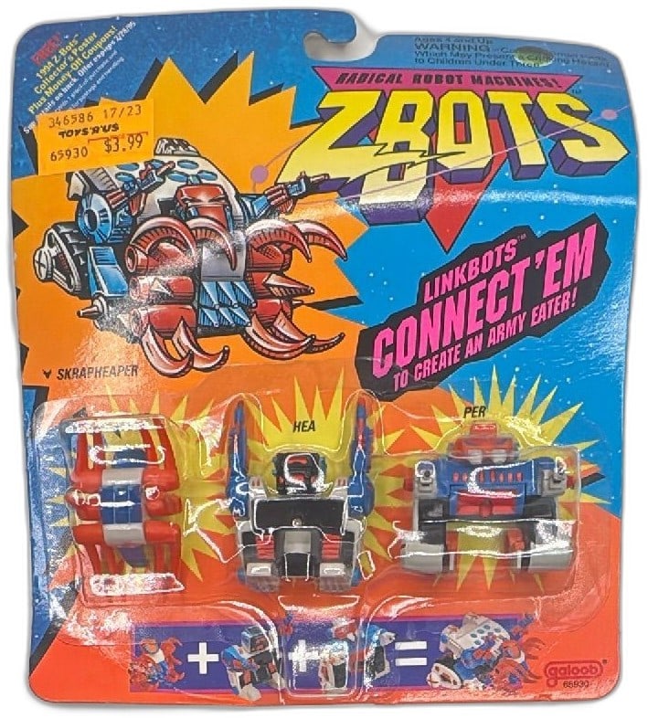 ZBots LinkBots Skrapheaper Skrap Hea Per 1993 Galoob Sealed Toys R Us Exclusive: ZBots LinkBots Skrapheaper by Galoob 1993, includes Skrap, Hea, and Per robots. Vintage radical robot machine toy set is factory sealed on original card, with Toys "R" Us price sticker. Features red,