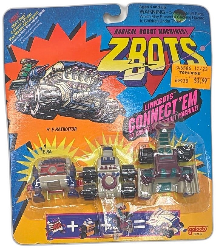 ZBots LinkBots E Ratkator E Ra Tika 1993 Galoob Sealed Figure 3 Pack Vintage Toy: ZBots LinkBots E-Ratkator E-Ra Tika Galoob 1993 sealed vintage 3-pack, radical robot machines for collectors. Features original vibrant card art with Toys R Us price sticker, untouched plastic blister