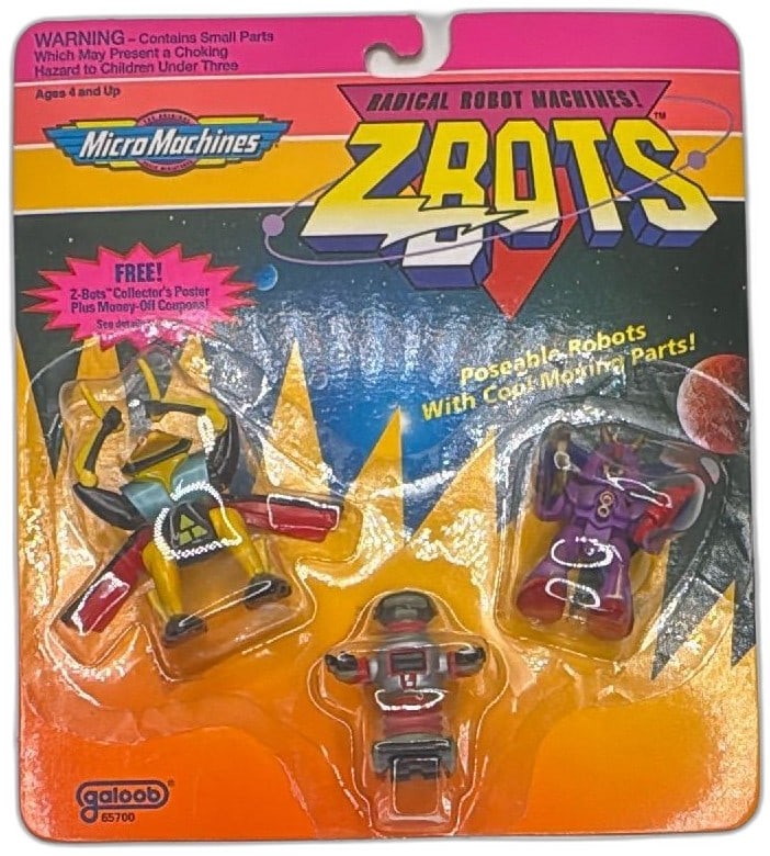 Micro Machines ZBots Robot 3 Pack Galoob 65700 1993 Sealed Vintage Action Figure: Micro Machines ZBots robot 3 pack Galoob 65700 from 1993, new and sealed on original card. Vintage collectible toy featuring three poseable robot action figures with vibrant colors, including yellow,