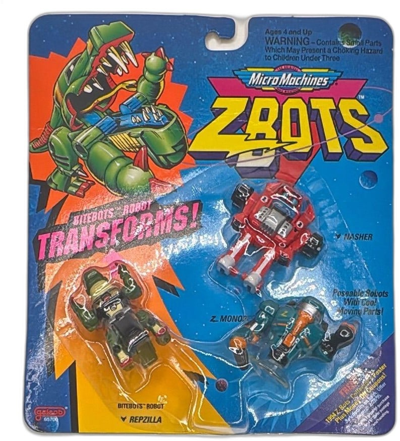 Micro Machines ZBots BiteBots Robot 3Pack Reptilla Nasher Monopod Galoob 1993: Micro Machines ZBots BiteBots Robot 3-pack from 1993, sealed on original card by Galoob. Features robots Reptilla, Nasher, and Z Monopod with unique transforming abilities and articulated parts. Highl