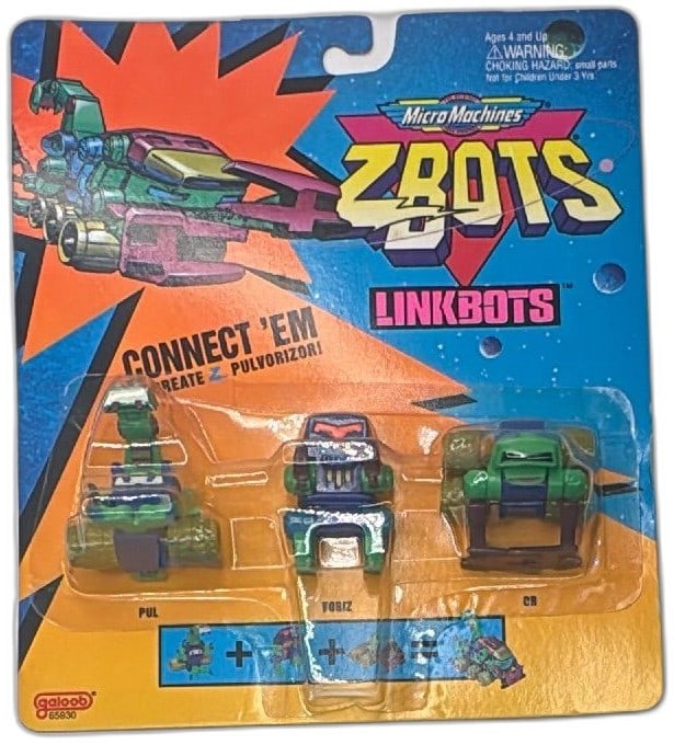 1994 Micro Machines ZBots LinkBots Pul Voriz Cr Galoob Sealed New: Vintage 1994 Micro Machines ZBots LinkBots set by Galoob, featuring Pul, Voriz, and Cr robots in original sealed packaging. Distinctive 90s design with bright green, blue, and orange display. Unopened