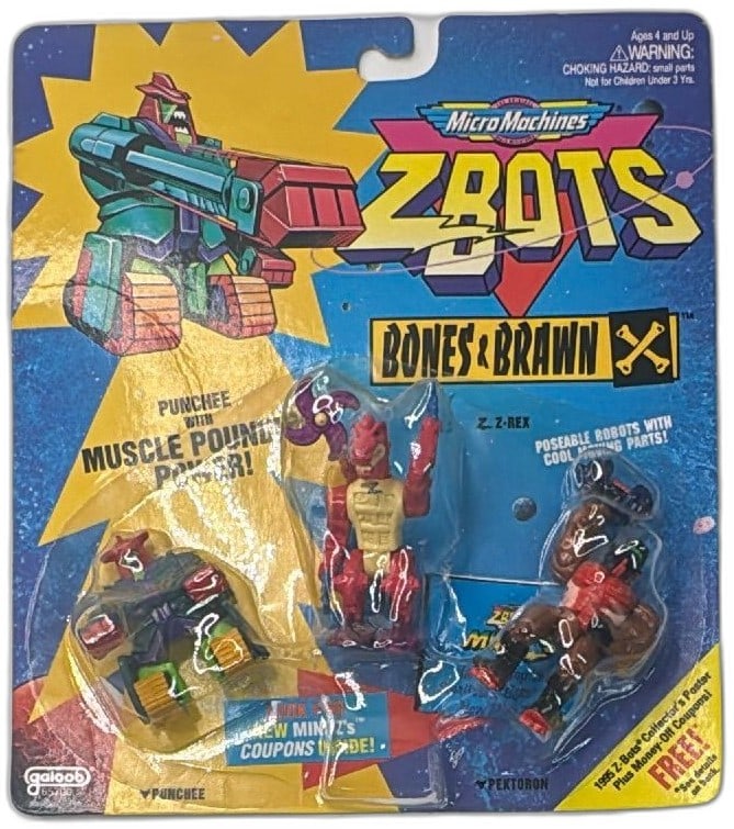 Micro Machines ZBots Bones And Brawn 3-Pack 1994 Galoob Sealed Pektoron Z-Z-Re: Vintage Micro Machines ZBots Bones & Brawn 3-pack by Galoob, sealed on card. Includes Pektoron, Z-Z-Rex, and Punchee robots with poseable moving parts. Released in 1994, features colorful retro artwor