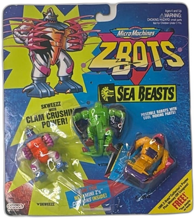 Micro Machines ZBots Sea Beasts 3 Pack 1994 Galoob Skweezz Stingr Jawzz MOC: Micro Machines ZBots Sea Beasts 3 Pack by Galoob 1994, includes Skweezz, Stingr, and Jawzz, new on card. Vintage collectible robots with poseable moving parts, bright colors, and original sealed packa