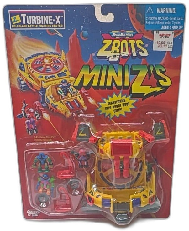 1997 Micro Machines Z-Bots Mini Z's Turbine-X Heli-Blade Battle Galoob New: Rare 1997 Micro Machines Z-Bots Mini Z's Turbine-X Heli-Blade Battle Training Center by Galoob, factory sealed on card. Features vibrant yellow and red playset that transforms into robot boot camp, in