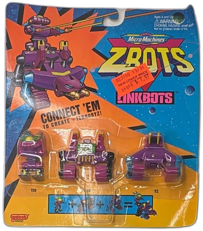 1994 Micro Machines Z-Bots Linkbots TER ROR YZ Galoob New Sealed Carded Set: Vintage 1994 Micro Machines Z-Bots Linkbots TER ROR YZ set by Galoob, sealed in original packaging. Features three connectable purple robots with bright painted details, part of a collectible series.