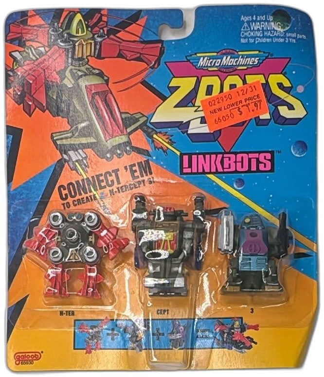 Micro Machines Z-Bots Linkbots N-Ter Cept 3 Galoob 1994 Sealed Vintage: Vintage Micro Machines Z-Bots Linkbots set by Galoob from 1994, N-Ter, Cept, and 3 sealed in original card. Iconic 90s collectible robot toys, features connectable robots to create the N-Tercept 3. Br