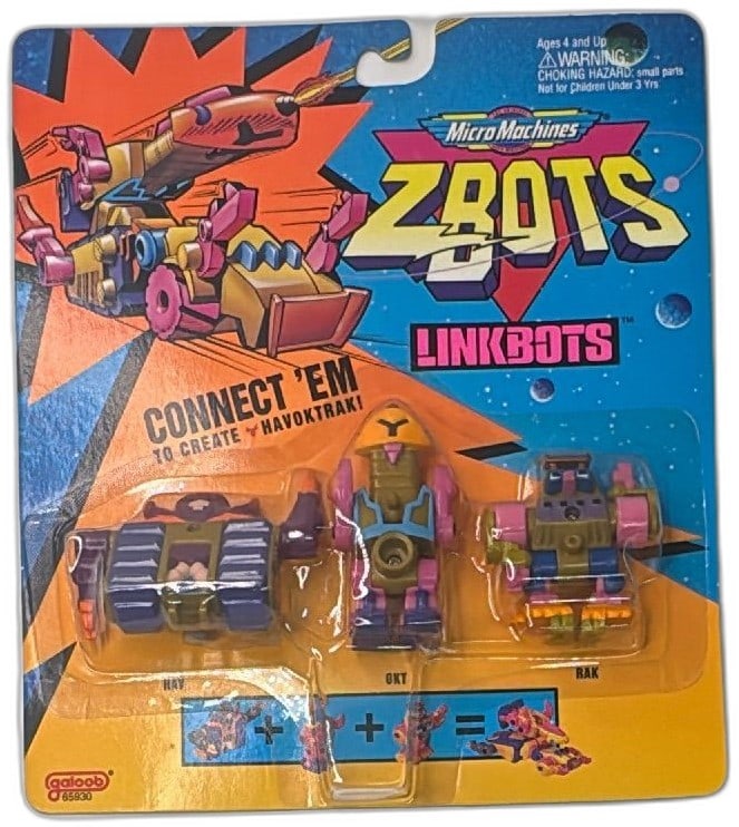 Micro Machines Z-Bots LinkBots HAV OKT RAK 1994 Galoob Sealed Action Figures: Vintage Micro Machines Z-Bots LinkBots set HAV, OKT, RAK, sealed on original 1994 Galoob card. Features connectable mini robot action figures to create "Havoktrax"! Vibrant blue, yellow, and pink colo