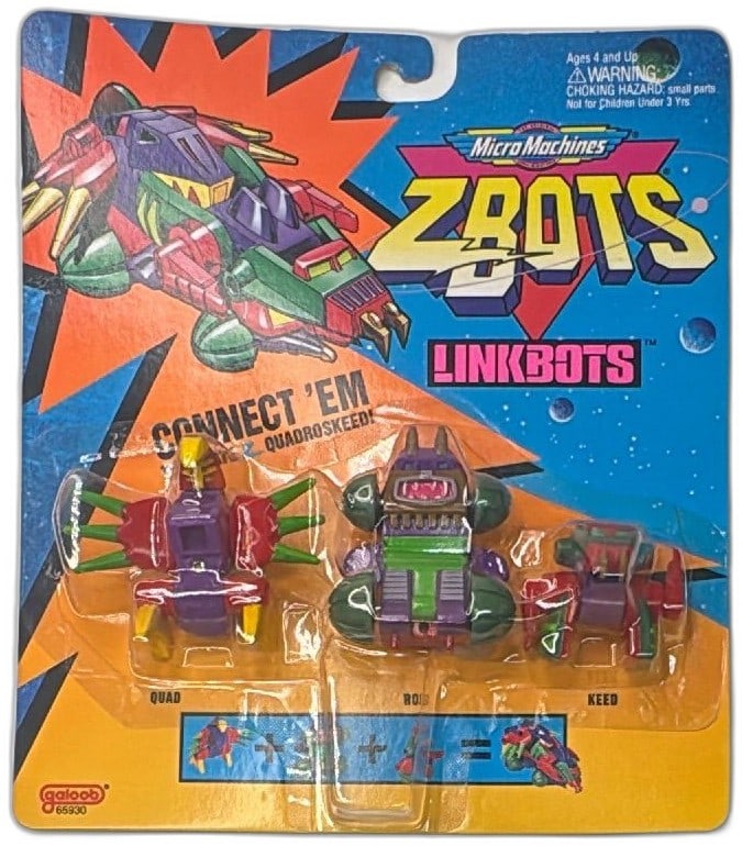 1994 Micro Machines Z-Bots Linkbots Quadroskeed Galoob Sealed New: Micro Machines Z-Bots Linkbots Quadroskeed set by Galoob, 1994, sealed on card. Features three colorful, interlocking robot figures: Quad, Rod, and Keed. Collectible vintage toy with original packagin